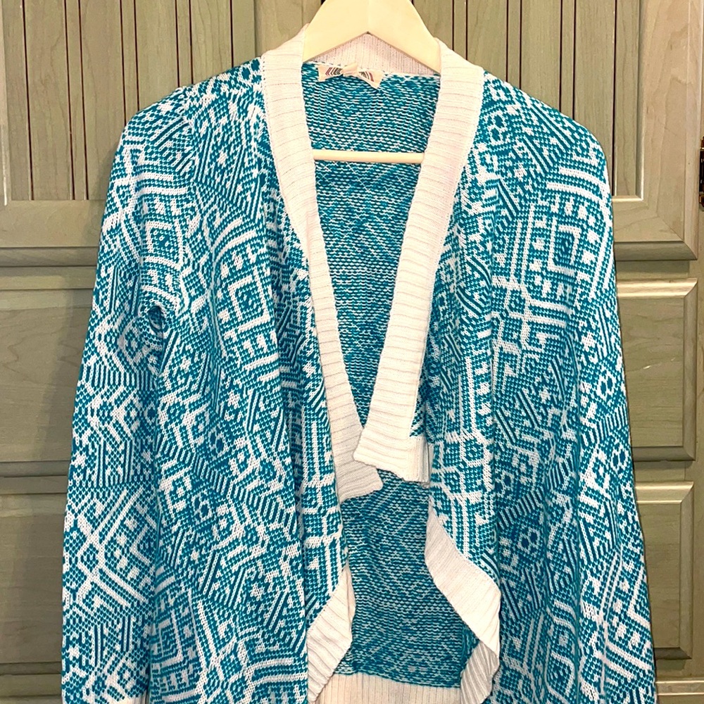 Pink Rose Aztec Teal Waterfall Cardigan Oversized Sweater XS